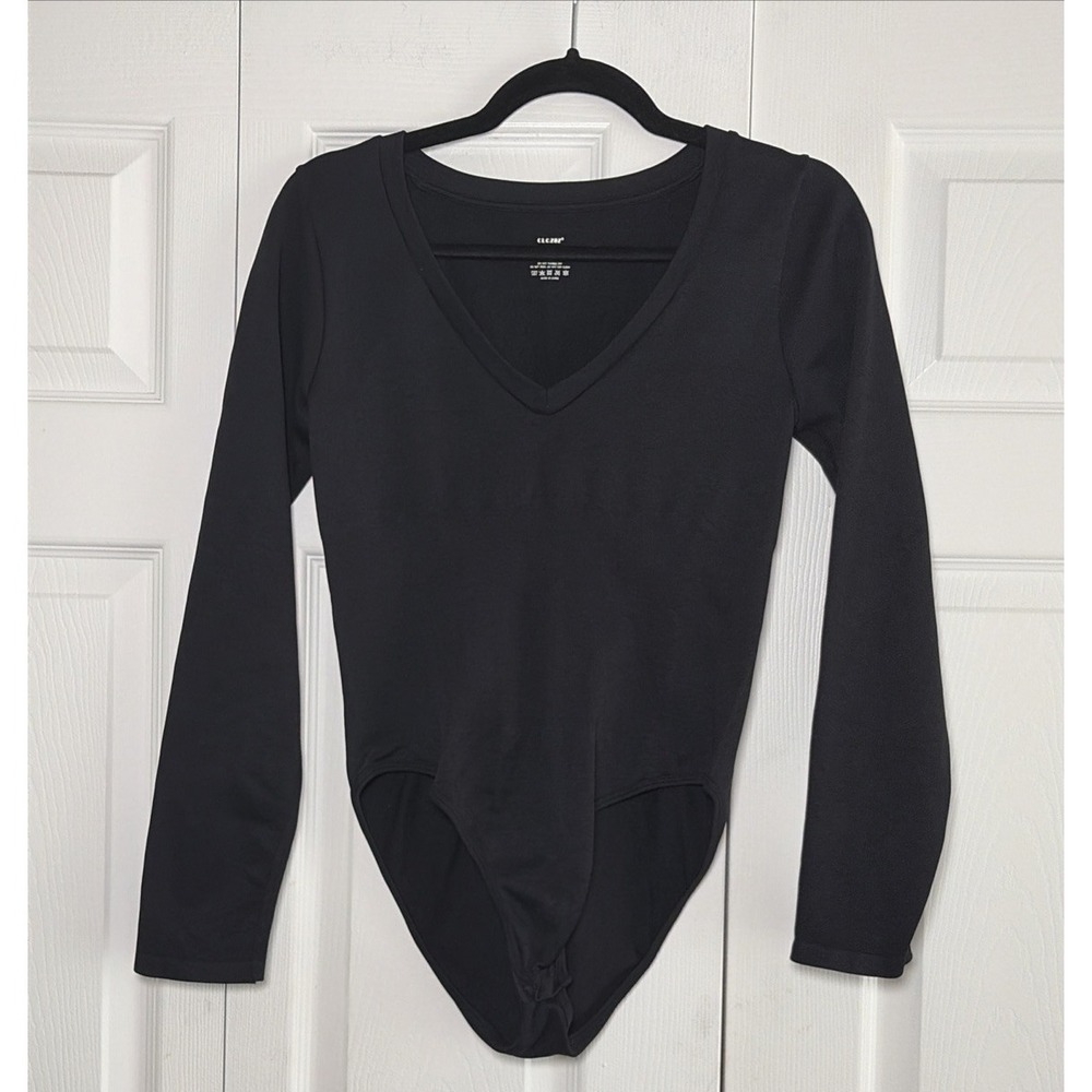 Clozoz V-Neck‎ Bodysuit Womens Size L Black Long Sleeve Ribbed Stretch Seamless